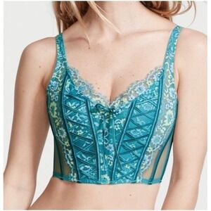 Victoria's Secret Dream Angels Romance Bra Small Teal Floral Lace Corset Bustier